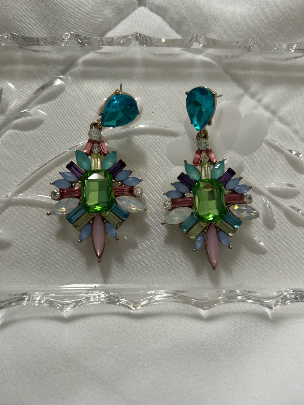 Multicolor Crystal Statement Earrings with Green Center